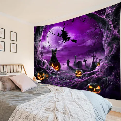 Miniatura 12 de LB Tapiz espeluznante de cementerio de Halloween, lápida aterradora con árboles muertos, tapiz de bosque para colgar en la pared, tapiz de fondo