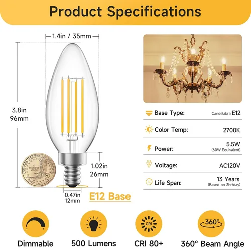 Miniatura 2 de SHINESTAR Bombillas LED regulables para candelabro E12, equivalente a 60 W, bombillas de araña vintage B11 de 5.5 W, 2700 K blanco cálido, lámpara