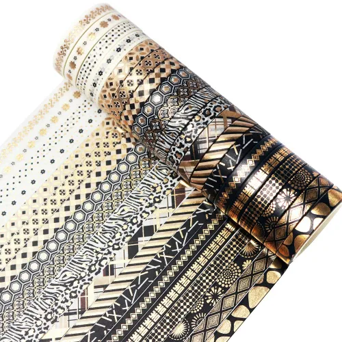 YUBBAEX Juego de 20 Rollos de Cinta Washi Negra con Lámina Dorada Cintas Decorativas para Artes, Manualidades DIY, Diarios de Viñetas, 20 rollos de
