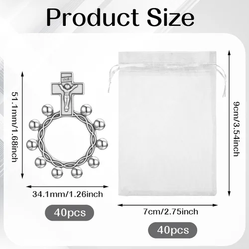 Miniatura 2 de Juego de 40 anillos de rosario de dedo de metal plateado a granel, rosarios de bolsillo para dedos, rosarios de bolsillo pequeño, cruz de bolsillo