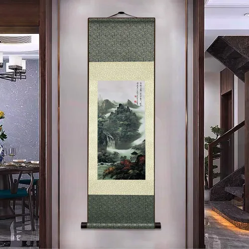 Miniatura 7 de AtfArt Decoración asiática de pared, hermosa pintura de pergamino de seda del paisaje del río de la cascada - Montaña, primavera, otoño