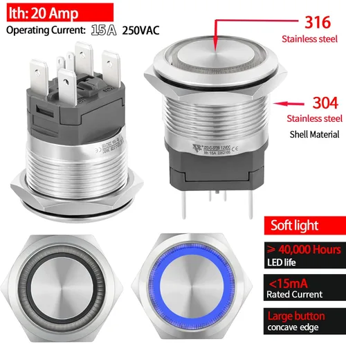 Miniatura 8 de Interruptor de botón de cierre de 15 amperios, 22 mm, 12 V CC, DPST, luz LED ojo de ángel, acero inoxidable 304, impermeable IP67 con enchufe