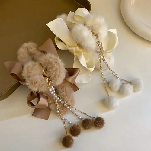 Miniatura 5 de Jumwrit Pinzas para el cabello con mandíbula de plátano peludas con lazos, borlas de perlas y fijación fuerte para mujeres y niñas, accesorios