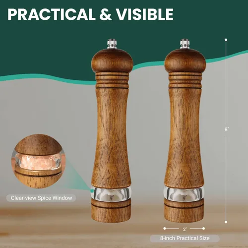Miniatura 5 de Juego de molinillo de sal y pimienta de 2 piezas con bandeja de madera, molinos de sal y pimienta de madera de 8 pulgadas con grosor ajustable