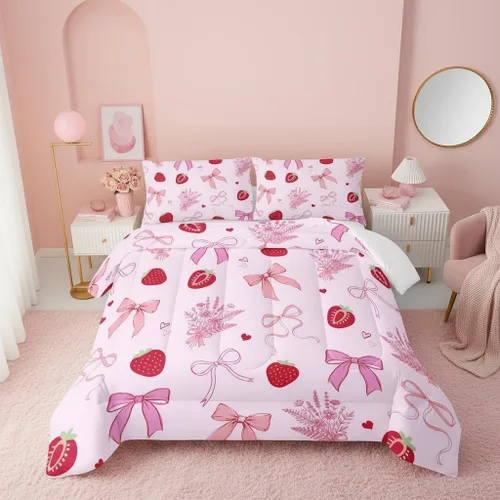 Miniatura 19 de QOOMO Juego de edredón de 3 piezas con diseño de mariposa de dibujos animados, tamaño individual, bonito juego de ropa de cama con lazo