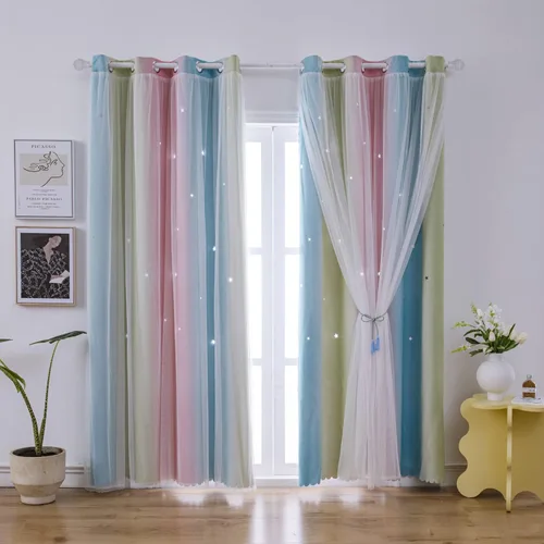 Miniatura 10 de Cortinas Opacas de Arcoíris Ombré para Dormitorio de Niñas, Sala de Estar, Rayas Oscurecedoras de Doble Capa con Cortes de Estrellas, Decoración