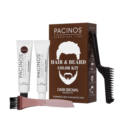 Pacinos Kit de color para cabello y barba (marrón oscuro) - Color de cabello para hombres, elimina las canas en 5 minutos, fórmula fácil de aplicar,