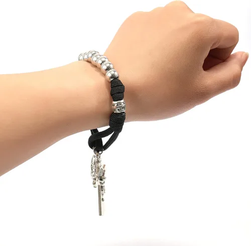 Miniatura 5 de Pulsera de oración de paracord militar fuerte de una década de Nazareth Store, cuentas plateadas, medalla de San José y cruz de San Benito