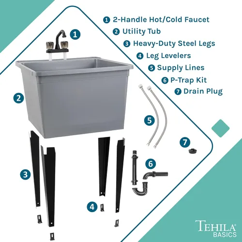 Miniatura 4 de Tehila Basics de JS Jackson Supplies - Fregadero utilitario independiente gris de 21 galones con grifo negro de 2 manijas, bañera de lavandería