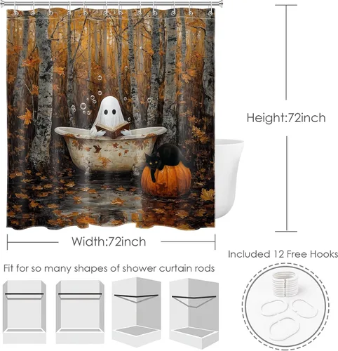 Miniatura 5 de LB Cortina de ducha de otoño para baño, divertido gato negro con fantasma en la bañera en el bosque de otoño, cortina de ducha de tela de cosecha