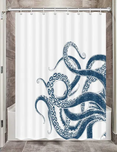 Miniatura 18 de Octopus Decor - Cortina de ducha para caravana, remolque, baño, divertido juego de cortinas de ducha pequeñas y estrechas de tela en blanco y negro