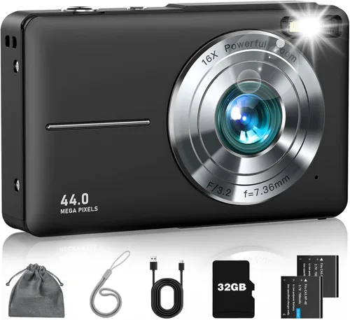Cámara digital, FHD 1080P - Cámara de apuntar y disparar con zoom de 16X, tarjeta de 32 GB, pequeña cámara de video compacta regalo para niños,