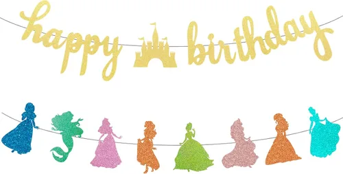 Decoración de pancarta de cumpleaños de princesa, guirnalda dorada con purpurina para niñas, decoración de fiesta de cumpleaños, suministros de