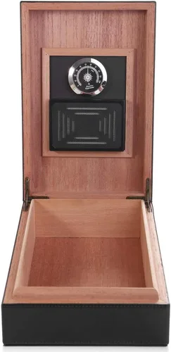 Miniatura 2 de Humidor de puros, superficie de cuero hecho a mano, con revestimiento de madera de cedro español sólido real, caja de escritorio con higrómetro