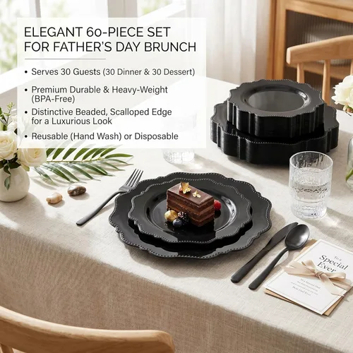 Miniatura 9 de COLOSUS Juego de 60 platos de plástico negro, platos desechables negros resistentes para fiestas, incluye 30 platos llanos de 10.5 pulgadas y 30
