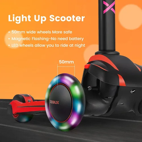 Miniatura 3 de TONBUX Patinete para niños de 3 a 12 años, patinete para niños pequeños con 4 alturas ajustables, patinete de 3 ruedas con luces, diseño de Rojo