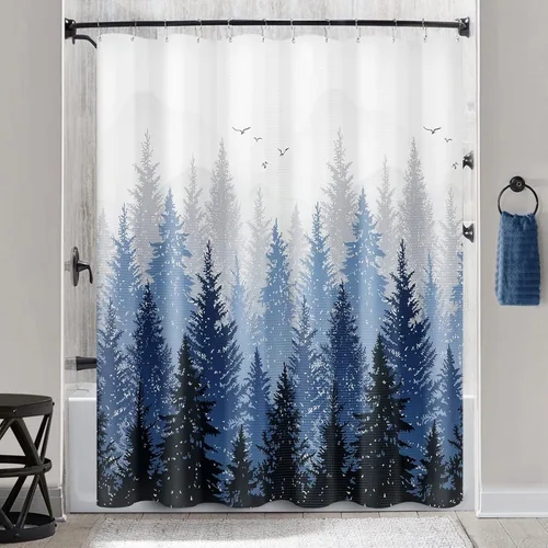 Miniatura 8 de Hokibero Cortinas de Ducha de Tela con Diseño de Bosque Brumoso Azul, Montaña, Naturaleza, Árbol para Baño, Impermeables, Resistentes, Azul Marino