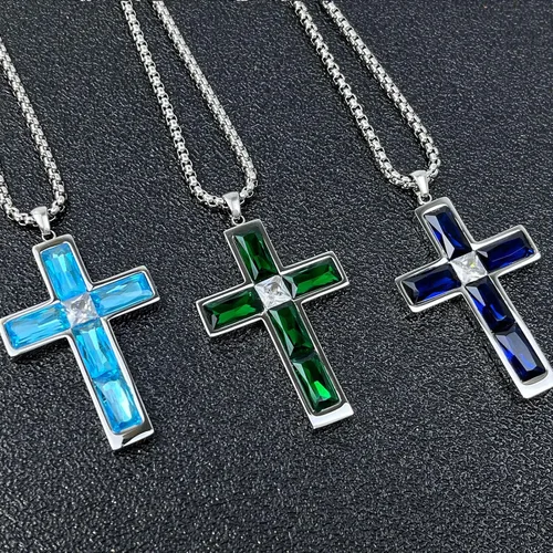 Miniatura 23 de Collar de cruz para hombre, piedras preciosas de color piedra natal de circonita cúbica, collar de acero inoxidable para hombre, cadena de 24