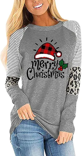 Miniatura 2 de UODSVP Womens Costumes Fashion Christmas Print Splicing Long Sleeve Round Neck Loose Tops