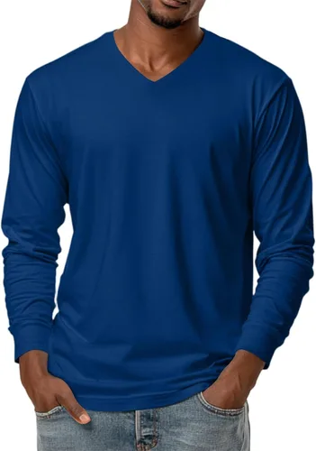 Miniatura 18 de Camiseta para hombre, manga larga, cuello en V, color liso, informal, básica, suave, elástica, M-3XL