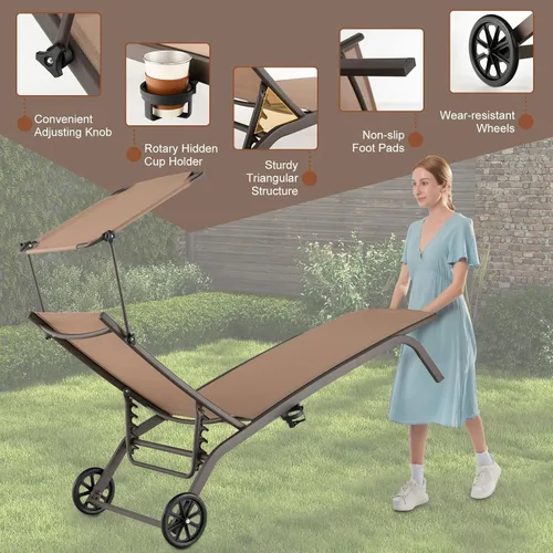Miniatura 4 de Giantex Tumbona para exteriores, silla de bronceado con sombrilla y ruedas lisas, posición ajustable de 6 niveles, soporte para tazas, marco