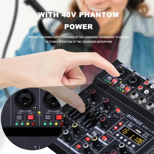 Miniatura 7 de BOMGE Mezclador de audio 04M, consola de mezcla de tablero de sonido con 4 canales USB digital Bluetooth 24 efectos de sonido, entrada 48V Phantom