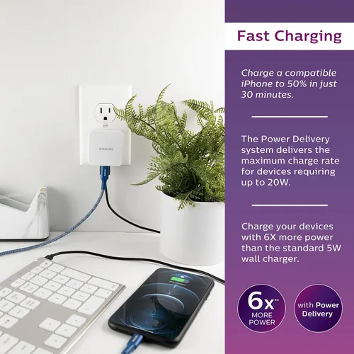 Miniatura 3 de Philips Bloque de cargador de pared USB para iPhone, 20 W, 1 puerto USB C, bloque de carga de 2 puertos tipo A para iPhone 15, 14, 13 series, iPad