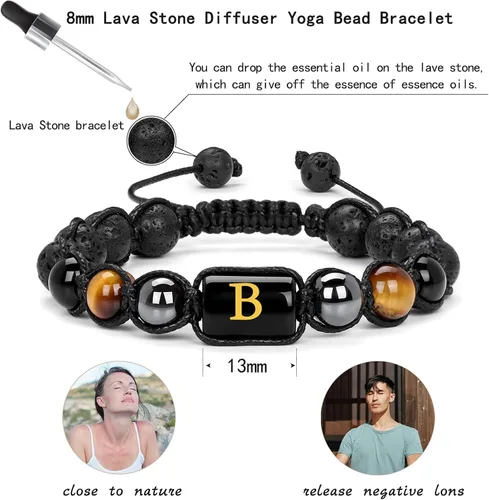 Miniatura 3 de Pulseras de cuentas con iniciales para hombre, pulsera de triple protección de 0.315 in de obsidiana y hematita, hecha a mano con letras de piedra