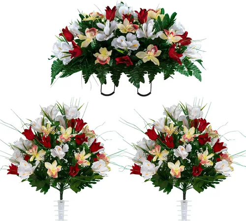 Miniatura 18 de Sympathy Silks Flores de cementerio artificiales - Decoración de tumbas - Tulipanes rojos e iris blancos (1) Ramo Rojo Blanco