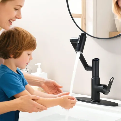 Miniatura 3 de Grifo de baño, grifos giratorios con pantalla de temperatura en grados Celsius (sin baterías), 3 modos de salida de agua, grifo de un solo orificio