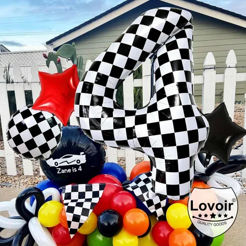 Miniatura 4 de Lovoir Globos gigantes de 40 pulgadas con temática de autos de carreras con el número 3, color negro y blanco para decoración de fiesta de tercer