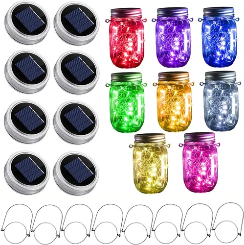 Luces solares mejoradas para frascos, paquete de 8 unidades, 10 LED, impermeables, para frascos de luciérnaga, luces con ganchos (tarros no 8 colores