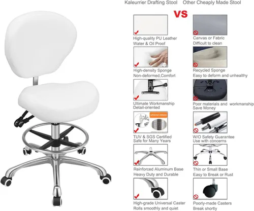 Miniatura 6 de Kaleurrier Taburete de dibujo de altura ajustable con respaldo y reposapiés, taburetes giratorios giratorios para estudio de trabajo, oficina, Blanco