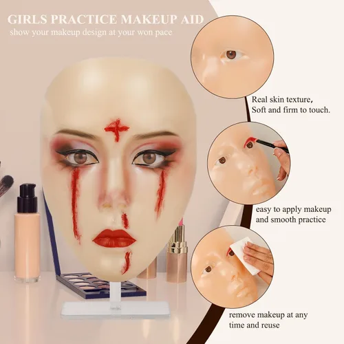 Miniatura 3 de Hongmed Cara de práctica de maquillaje, tabla de práctica de maquillaje con 1 pintura facial y 2 pinceles de maquillaje para pintura facial