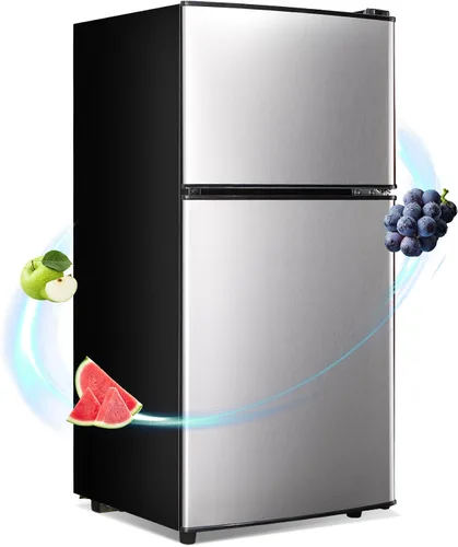 Miniatura 10 de Mini refrigerador con congelador, 3.5 pies cúbicos. Refrigerador pequeño con congelador de 2 puertas con termostato ajustable de 7 niveles estantes
