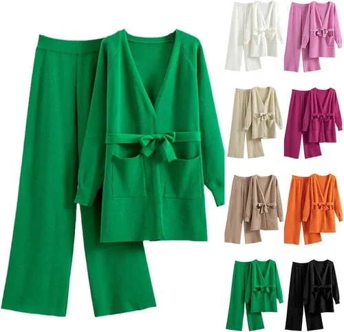 Miniatura 2 de HGps8w Conjunto de 2 piezas para mujer, suéter con cinturón, parte delantera abierta, suéter de punto largo, pantalones de pierna ancha, ropa