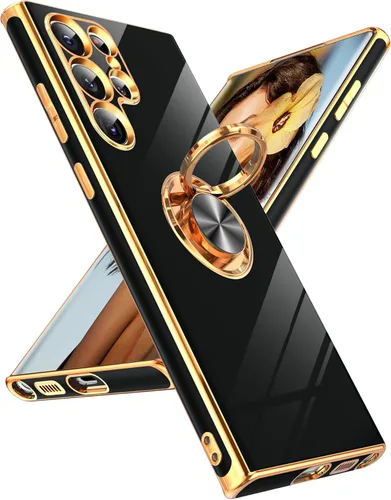 LeYi Funda para Samsung Galaxy S22 Ultra con soporte de anillo giratorio de 360°, soporte magnético, chapado en oro rosa, borde protector para Negro