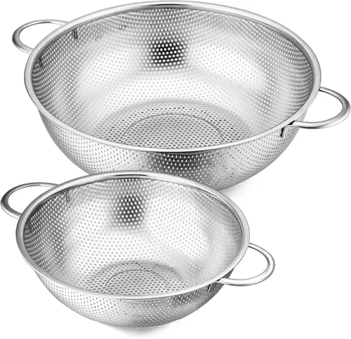 Miniatura 10 de E-far Juego de 3 coladores de acero inoxidable (1-3-5 cuartos de galón), colador de metal microperforado con mango para cocina/escurrimiento