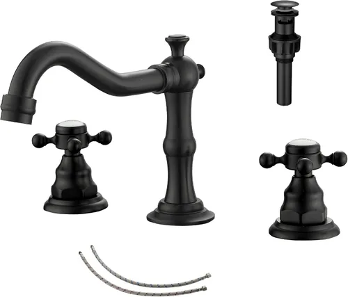 Miniatura 10 de Grifo de 2 manijas para lavabo de baño de tres agujeros, grifo de lavabo extendido, latón antiguo, grifo mezclador con manguera de suministro