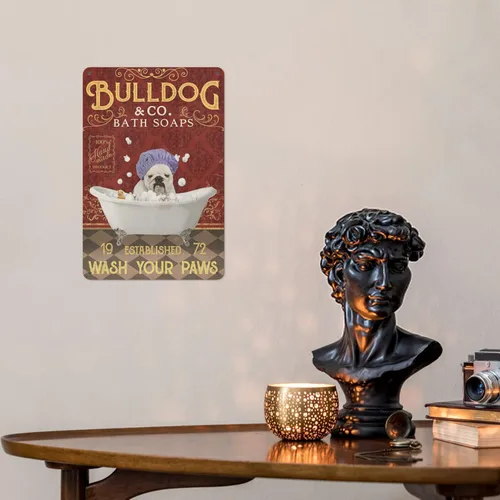 Miniatura 3 de Letrero de metal – Cartel de baño de Bulldog Wah Your Paws – Letreros de metal para decoración de pared para el hogar, oficina y casa de campo