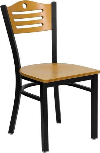 Flash Furniture HERCULES Series Silla de restaurante de metal con respaldo de listones negros, respaldo y asiento de madera natural Respaldo de