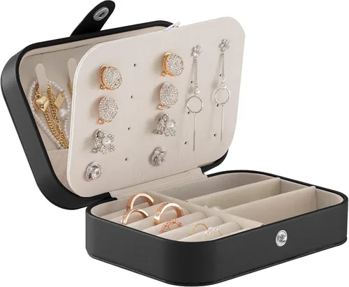 Oyydecor Joyero portátil pequeño de 2 capas organizador de joyas de viaje de piel sintética para anillos collares aretes pulseras regalo de San