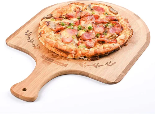 Miniatura 7 de Pala de pizza de bambú prémium de 12 pulgadas con asa, paleta de pizza de madera, tabla de cortar para frutas, verduras, queso, pan (círculo)