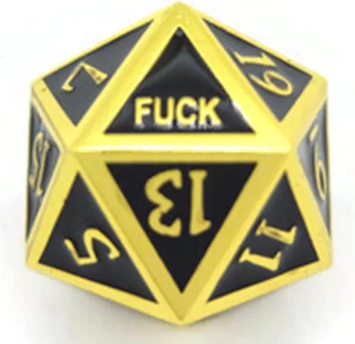 Juego de dados de metal negro y dorado D20 F*** Critical Fail F de 20 caras DND Negro Gunmetal Número de color para juegos de rol, Dungeons and