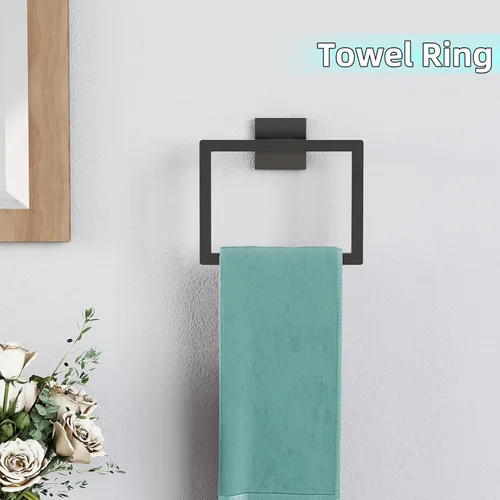 Miniatura 5 de Juego de accesorios de baño de 5 piezas, color negro mate, toalleros de acero inoxidable de 24 pulgadas para baño, juego de toallero, anillo