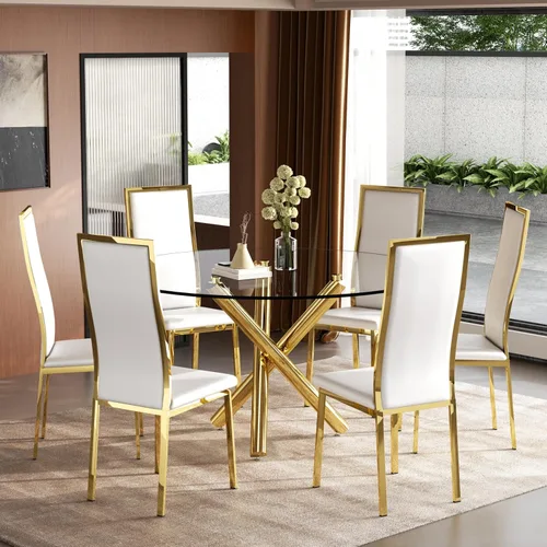 Miniatura 11 de Moderno juego de mesa redonda de cristal para 2, juego de mesa de cocina de círculo pequeño de 36 pulgadas con 2 sillas de comedor de piel sintética