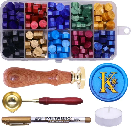 Miniatura 15 de SWANGSA Kit de sello de cera con letra inicial del alfabeto A, elegante sello de sellado de letras florales botánicas con 200 cuentas de cera