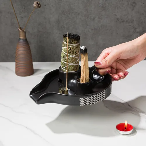 Miniatura 3 de Quemador de incienso de cerámica 4 en 1, soporte de salvia con asa, soporte de salvia para quemar, soporte de Palo Santo, quemador de salvia y palo