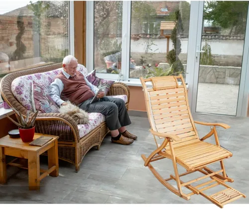 Miniatura 6 de Mecedora de bambú plegable de jardín para tumbonas de ancianos, silla de terraza con cojín, estable y ergonómica de madera, silla de jardín