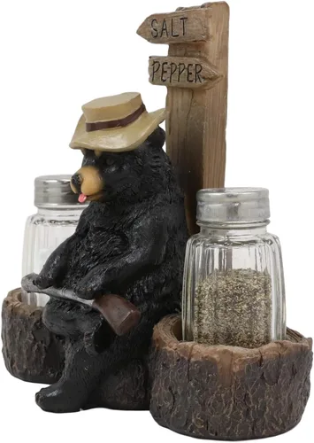Miniatura 3 de Ebros Gift Rústico Oso de Papá Negro Occidental con escopeta sentado en el cruce de árboles Banco de troncos de sal y pimentero, Figura de soporte